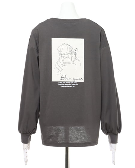 INGNI(イング) Back線画プリントロングTシャツ ﾁｬｺｰﾙｸﾞﾚｰ