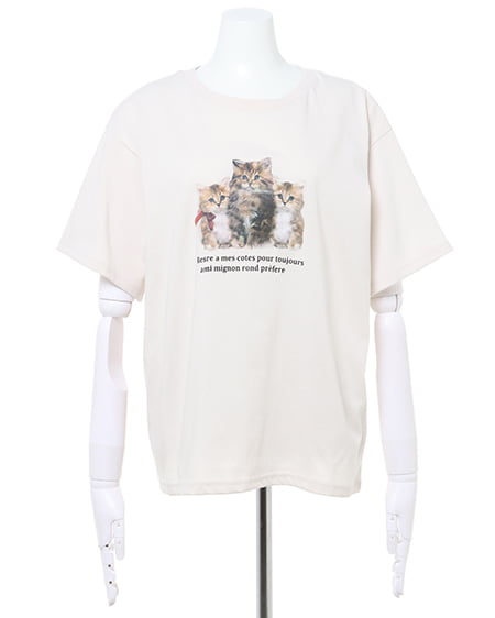 INGNI（イング） ねこプリントTシャツ ｻﾝﾄﾞﾍﾞｰｼﾞｭ