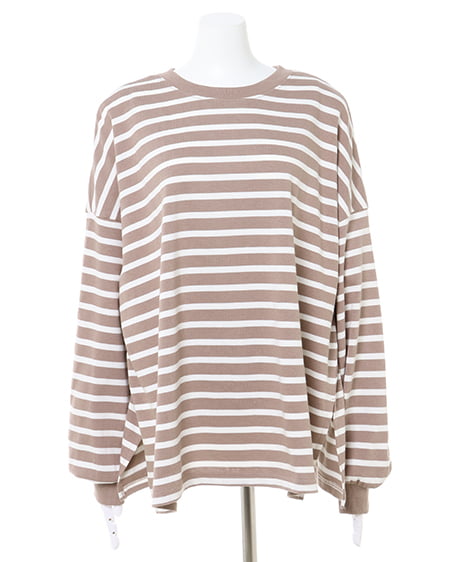 INGNI（イング） ボリュームスリーブボーダーTシャツ ﾓｶ/ｵﾌﾎﾜｲﾄ