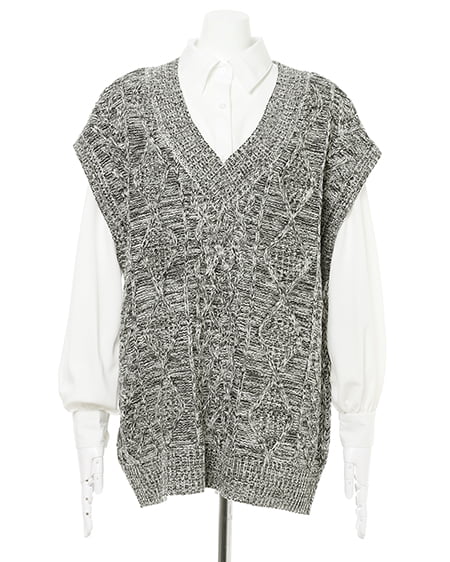 INGNI（イング） Vネックケーブルベスト＋シャツ SET ｸﾞﾚｰ/ﾓｸ