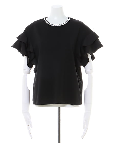 INGNI（イング） 襟パール付き／袖フリル半袖Tシャツ ｸﾛ