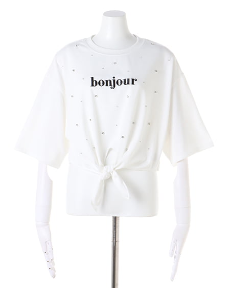 INGNI(イング) 裾結びラインストーン付ロゴTシャツ オフホワイト