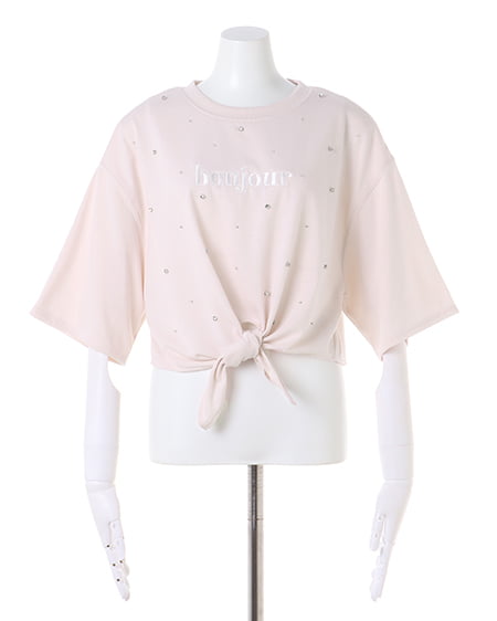 INGNI(イング) 裾結びラインストーン付ロゴTシャツ ライトピンク
