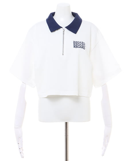 INGNI（イング） ハーフZIP襟配色胸ロゴショート丈Tシャツ ｵﾌﾎﾜｲﾄ