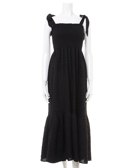 INGNI(イング) 肩リボンぽこぽこシャーリングワンピース クロ