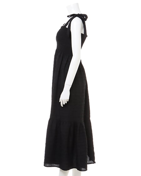 INGNI(イング) 肩リボンぽこぽこシャーリングワンピース クロ