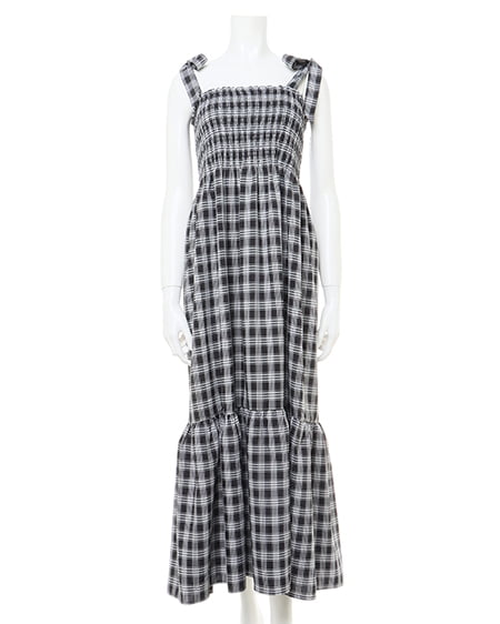 INGNI(イング) 肩リボンシャーリングチェック柄ワンピース クロ/チェック