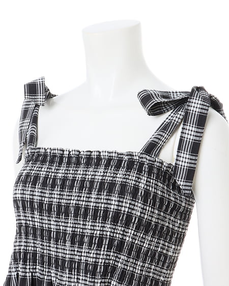 INGNI(イング) 肩リボンシャーリングチェック柄ワンピース クロ/チェック