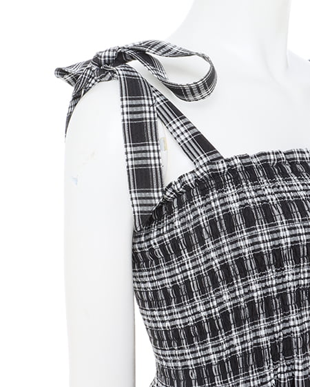 INGNI(イング) 肩リボンシャーリングチェック柄ワンピース クロ/チェック