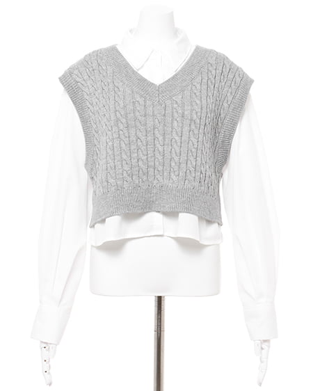 INGNI(イング) ショート丈ケーブルニットベスト+ショート丈シャツセット グレー