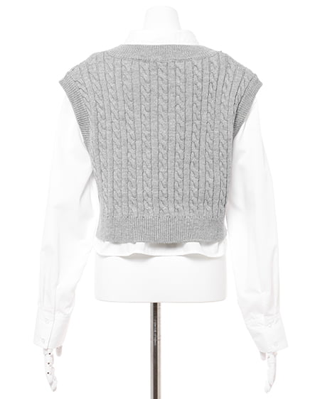 INGNI(イング) ショート丈ケーブルニットベスト+ショート丈シャツセット グレー