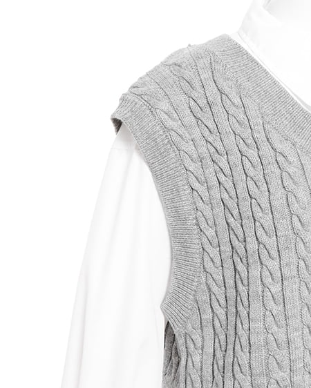 INGNI(イング) ショート丈ケーブルニットベスト+ショート丈シャツセット グレー