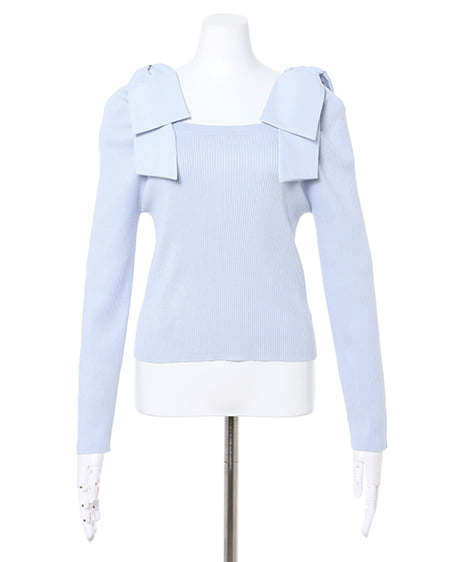 INGNI(イング) スクエアネック異素材肩リボンニット サックス