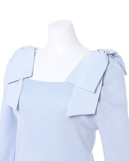 INGNI(イング) スクエアネック異素材肩リボンニット サックス