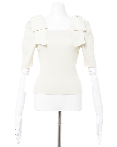 INGNI(イング) スクエアネック異素材肩リボン5分袖ニット オフホワイト