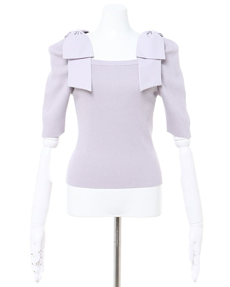 INGNI(イング) スクエアネック異素材肩リボン5分袖ニット グレージュ