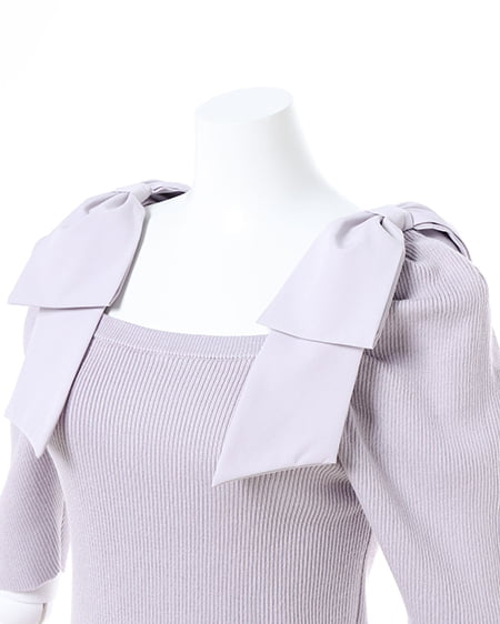 INGNI(イング) スクエアネック異素材肩リボン5分袖ニット グレージュ