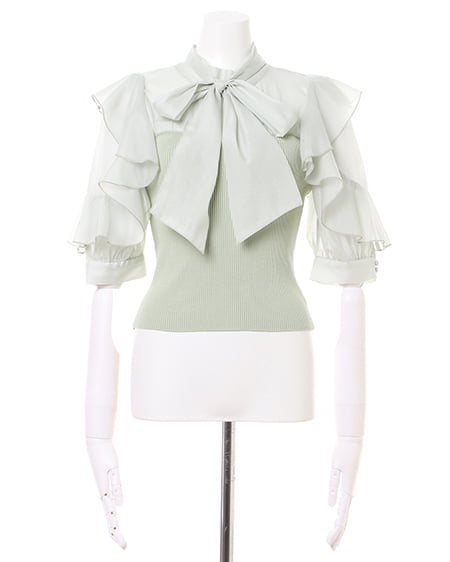 INGNI(イング) 袖フリルボウタイブラウス/ドッキングニット ミントグリーン
