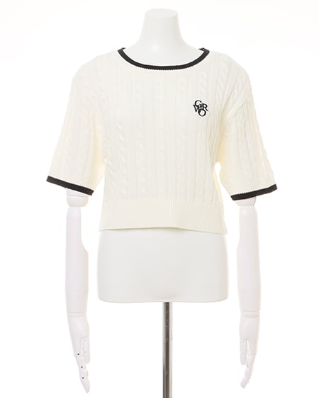 INGNI(イング) 配色胸刺しゅうケーブル半袖ニット オフホワイト/クロ