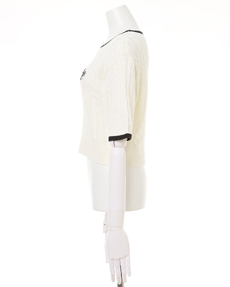 INGNI(イング) 配色胸刺しゅうケーブル半袖ニット オフホワイト/クロ