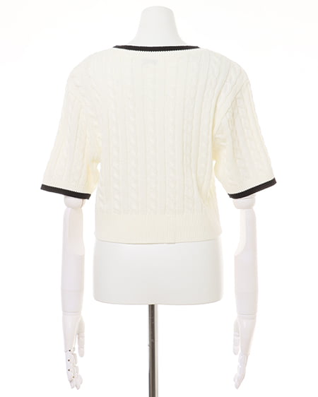 INGNI(イング) 配色胸刺しゅうケーブル半袖ニット オフホワイト/クロ