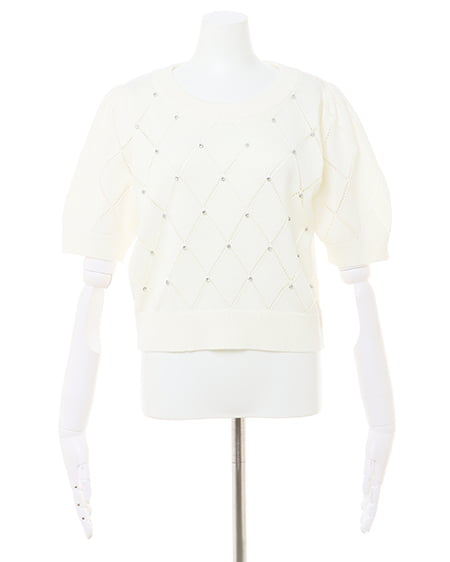 INGNI(イング) ラインストーン半袖ニット オフホワイト