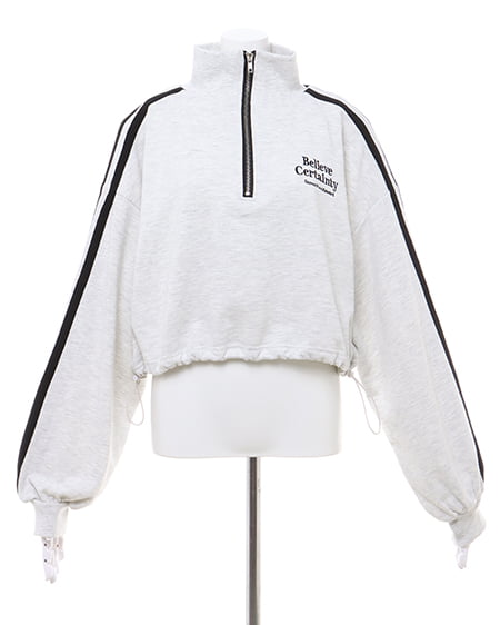 INGNI(イング) ハーフジップ裾ドロスト胸ロゴ袖ラインショートトップス オートミール