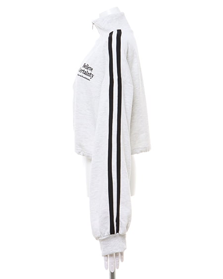 INGNI(イング) ハーフジップ裾ドロスト胸ロゴ袖ラインショートトップス オートミール