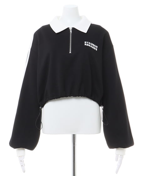 INGNI(イング) ハーフZIP裾ドロスト配色袖ラインショートトップス クロ