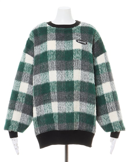 INGNI(イング) 胸刺しゅうロゴチェックリブチュニットップス グリーン