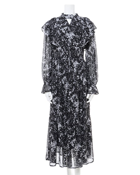 INGNI(イング) デコルテカットアウト花柄フリルワンピース クロ