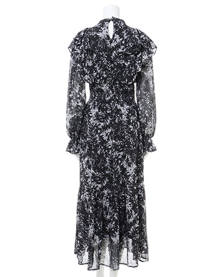 INGNI(イング) デコルテカットアウト花柄フリルワンピース クロ