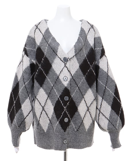 INGNI(イング) アーガイル柄シャギーニットカーディガン クロ/グレー