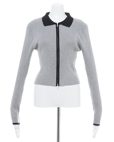 INGNI(イング) 襟付フロントジップ配色ニットカーディガン グレーモク/クロ