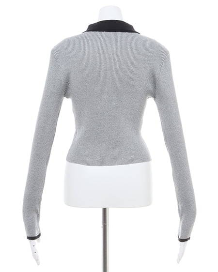 INGNI(イング) 襟付フロントジップ配色ニットカーディガン グレーモク/クロ