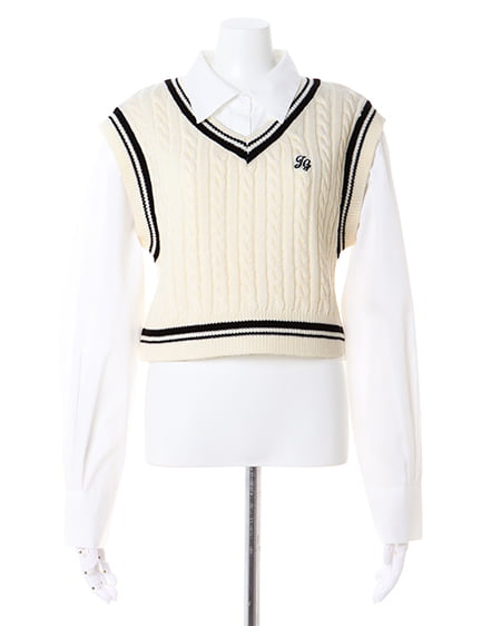 INGNI(イング) ショート丈胸刺しゅうライン入りニットベスト+シャツSET オフホワイト/クロ