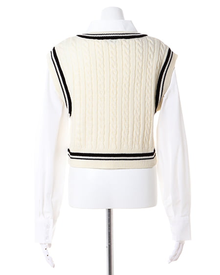 INGNI(イング) ショート丈胸刺しゅうライン入りニットベスト+シャツSET オフホワイト/クロ