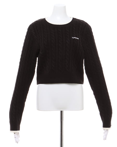 INGNI(イング) 配色胸刺しゅうケーブルニット クロ/オフホワイト