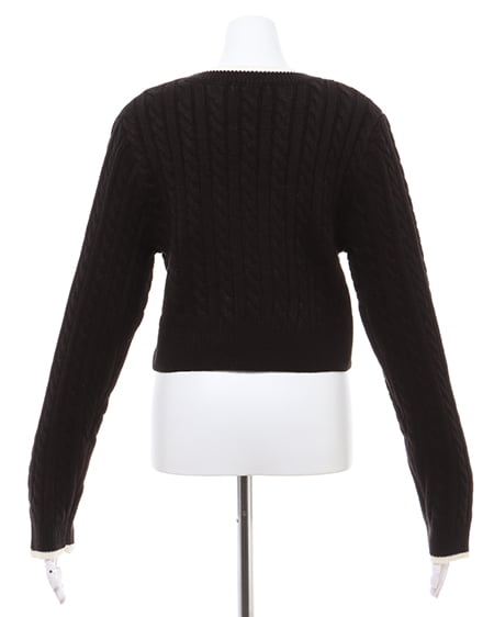 INGNI(イング) 配色胸刺しゅうケーブルニット クロ/オフホワイト