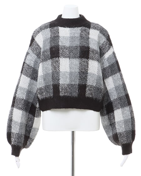 INGNI（イング） ショート丈チェック柄シャギーニット ｸﾛ