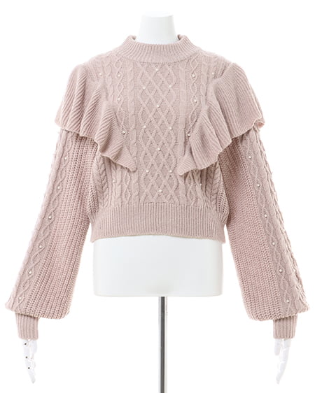 INGNI(イング) フリルケーブルパール付ニット ピンクベージュ