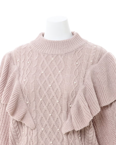 INGNI(イング) フリルケーブルパール付ニット ピンクベージュ