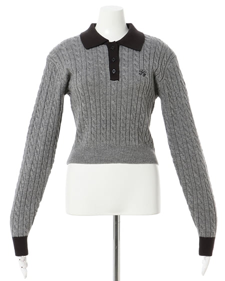 INGNI(イング) ケーブル胸刺しゅう配色ポロニット グレー/クロ