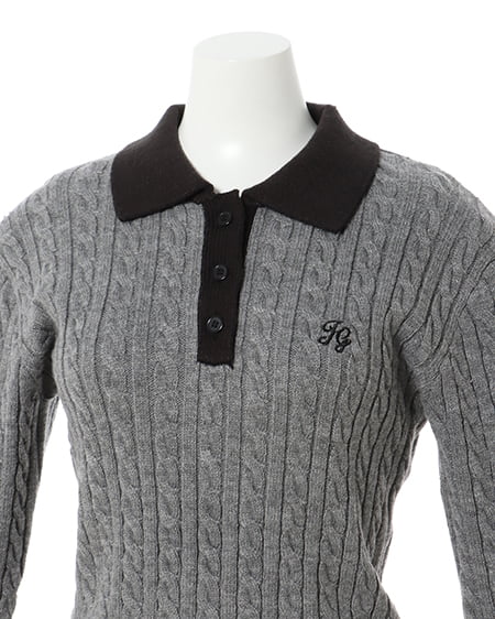 INGNI(イング) ケーブル胸刺しゅう配色ポロニット グレー/クロ