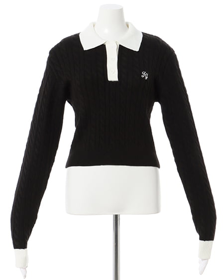 INGNI(イング) ケーブル胸刺しゅう配色ポロニット クロ/オフホワイト