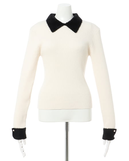 INGNI(イング) 配色襟/袖フェザーヤーンニット オフホワイト/クロ