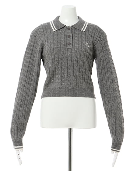 INGNI(イング) 襟ラインケーブルポロニット グレー/オフホワイト