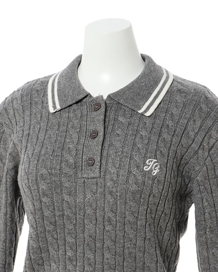 INGNI(イング) 襟ラインケーブルポロニット グレー/オフホワイト