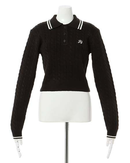 INGNI(イング) 襟ラインケーブルポロニット クロ/オフホワイト