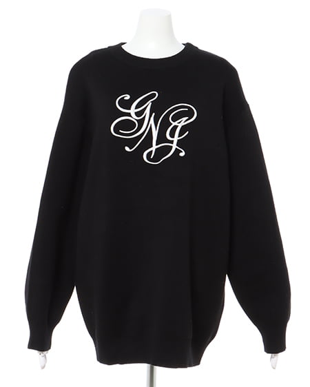 INGNI(イング) クルーネックイニシャル刺しゅうチュニックニット クロ